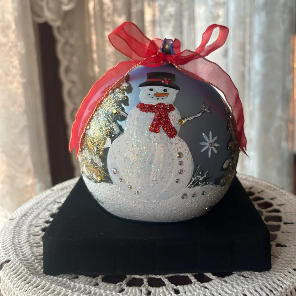 Hand Painted Glass Ornament Vintage Christmas Snowman Large Jumbo Tree Decor